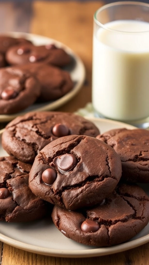 A plate of fudge brownie cookies with chocolate chips, served with a glass of milk on a rustic table.